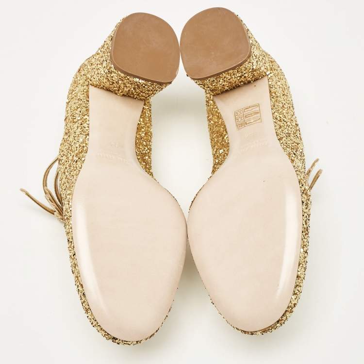 Pre Owned Miu Miu Gold Glitter and Leather Mary Jane Pumps Size 34