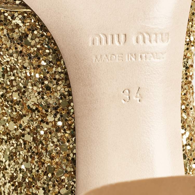 Pre Owned Miu Miu Gold Glitter and Leather Mary Jane Pumps Size 34