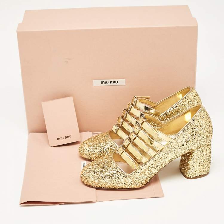 Pre Owned Miu Miu Gold Glitter and Leather Mary Jane Pumps Size 34