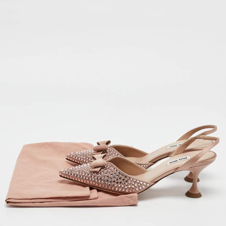 Pre Owned Miu Miu Beige Satin Crystal Embellished Bow Slingback Pumps Size 36