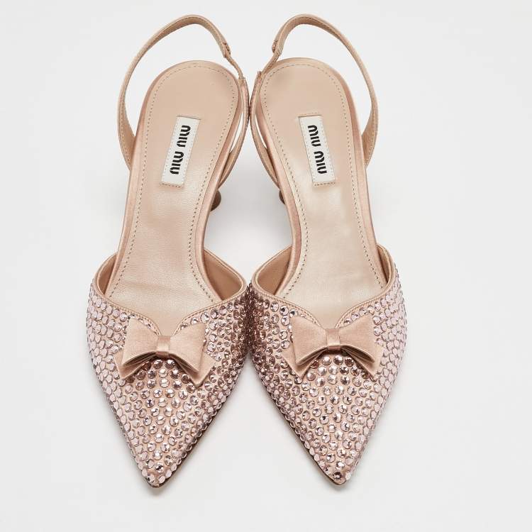 Pre Owned Miu Miu Beige Satin Crystal Embellished Bow Slingback Pumps Size 36