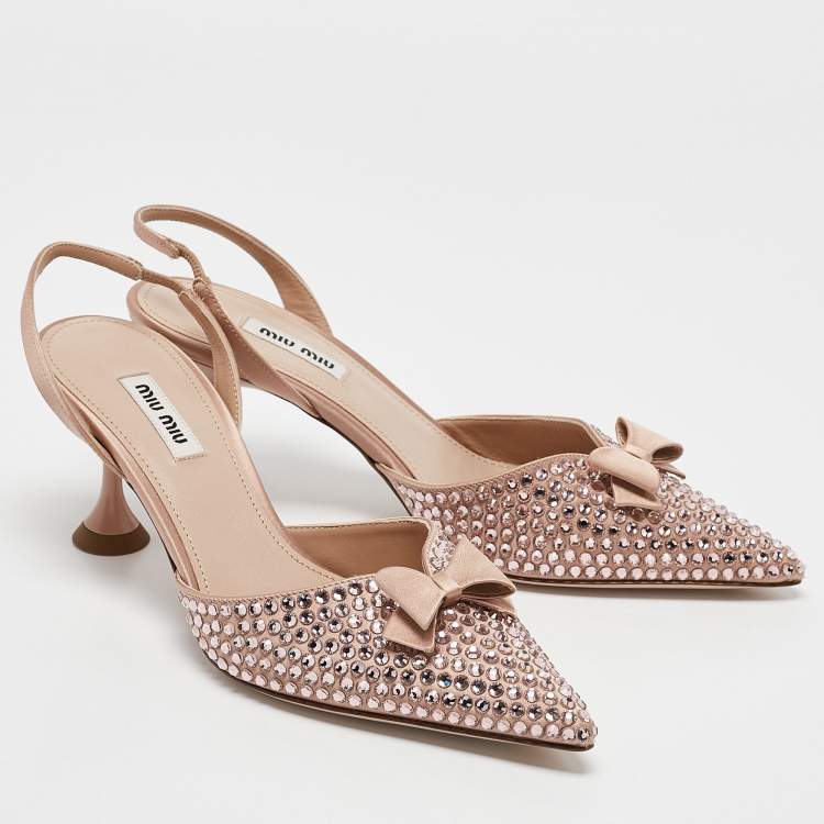 Pre Owned Miu Miu Beige Satin Crystal Embellished Bow Slingback Pumps Size 36