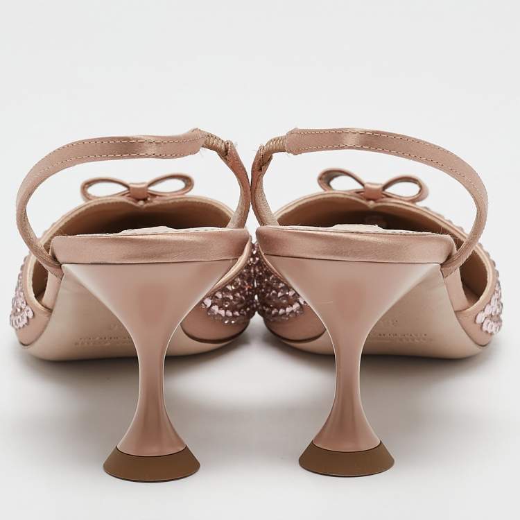 Pre Owned Miu Miu Beige Satin Crystal Embellished Bow Slingback Pumps Size 36