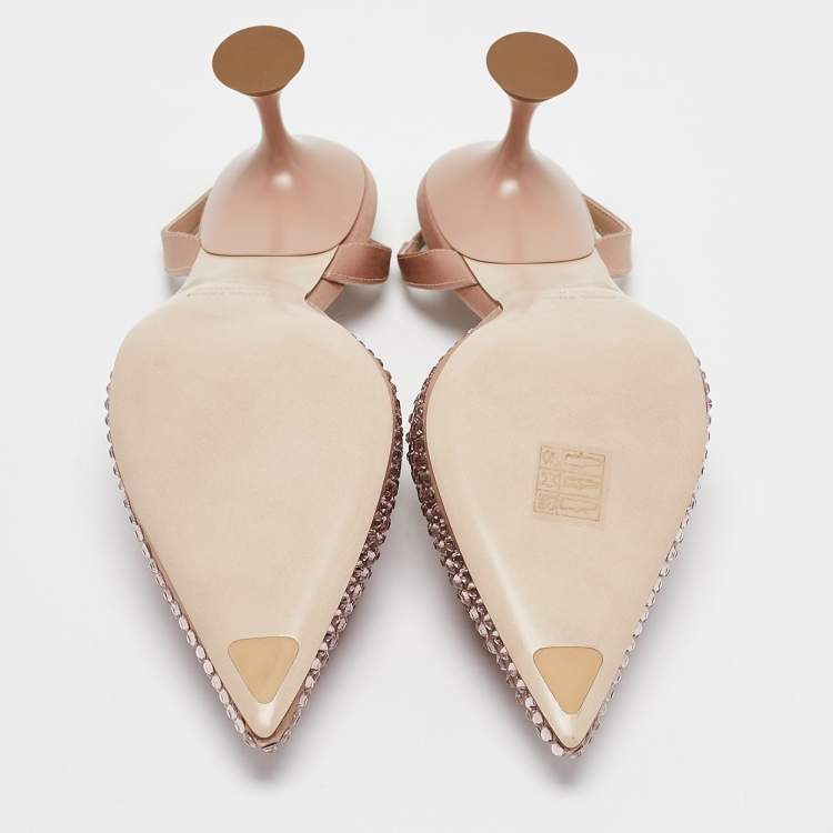 Pre Owned Miu Miu Beige Satin Crystal Embellished Bow Slingback Pumps Size 36