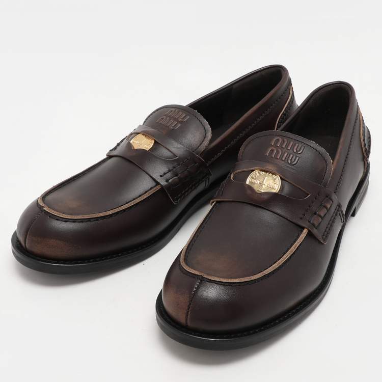 Pre Owned Miu Miu Brown Leather Penny Loafers Size 41