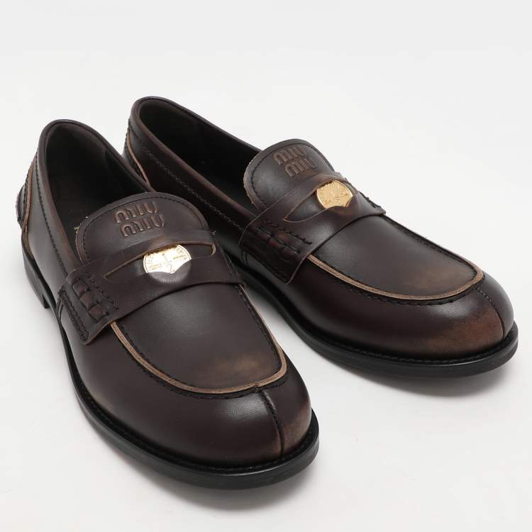 Pre Owned Miu Miu Brown Leather Penny Loafers Size 41