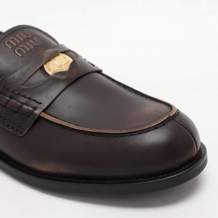 Pre Owned Miu Miu Brown Leather Penny Loafers Size 41