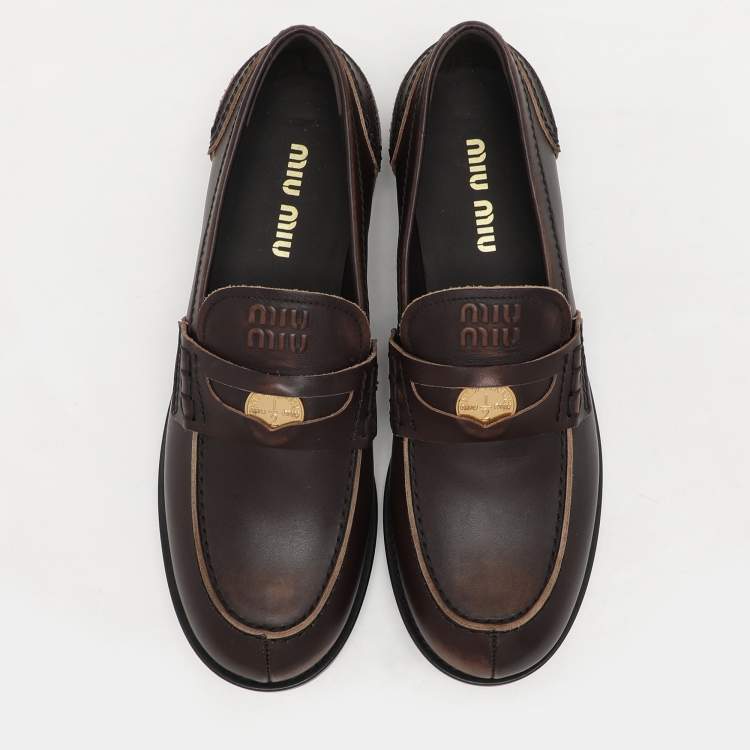Pre Owned Miu Miu Brown Leather Penny Loafers Size 41