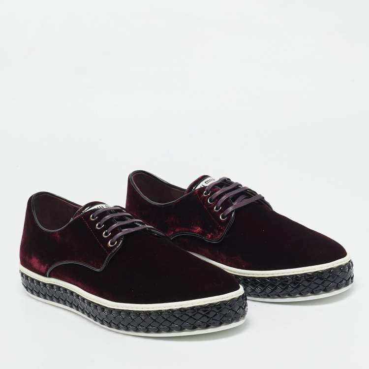 Pre Owned Miu Miu Burgundy Velvet Lace Up Sneakers Size 40.5