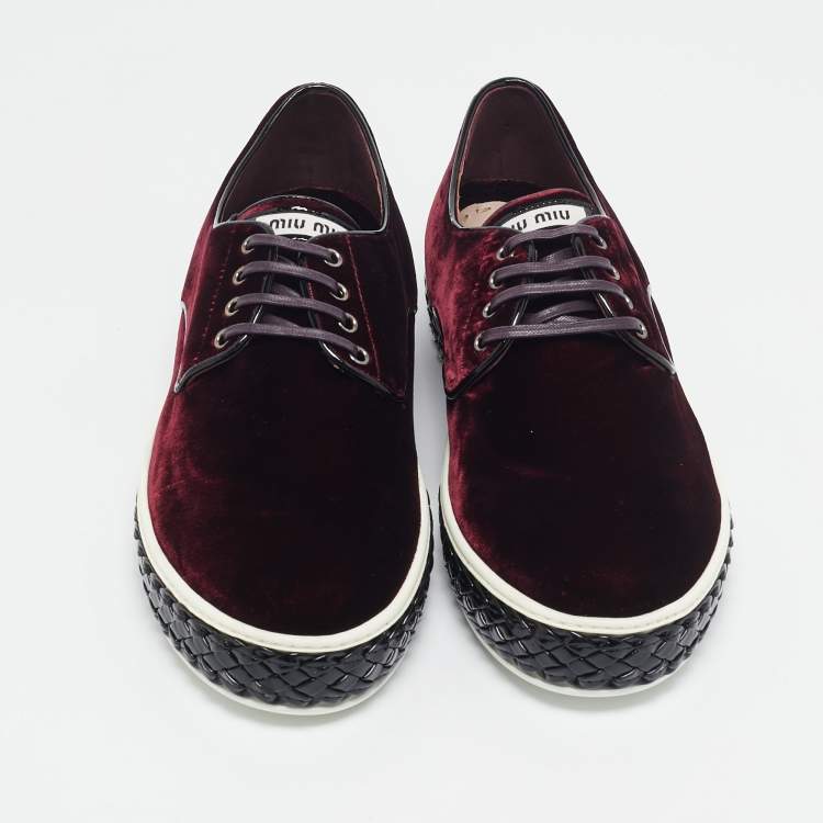 Pre Owned Miu Miu Burgundy Velvet Lace Up Sneakers Size 40.5