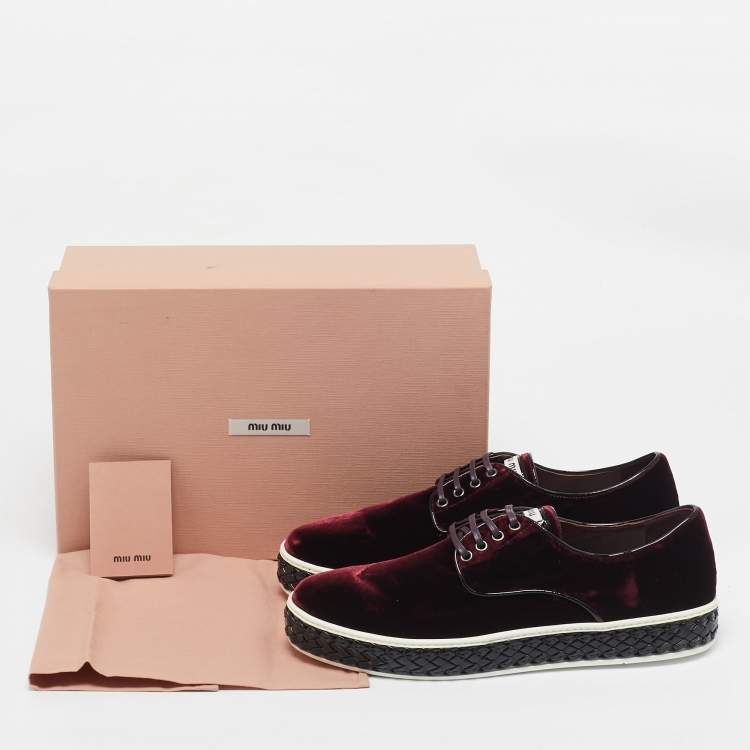 Pre Owned Miu Miu Burgundy Velvet Lace Up Sneakers Size 40.5