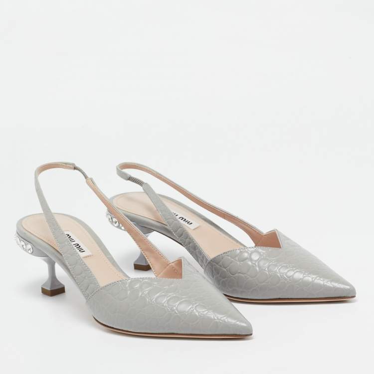 Pre Owned Miu Miu Grey Croc Embossed Leather Slingback Pumps Size 38