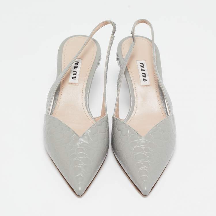 Pre Owned Miu Miu Grey Croc Embossed Leather Slingback Pumps Size 38