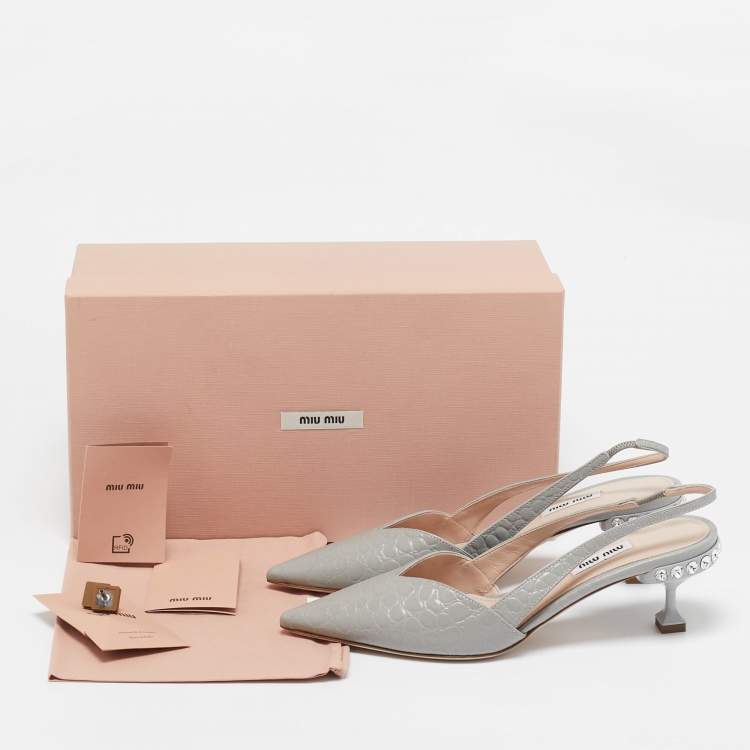 Pre Owned Miu Miu Grey Croc Embossed Leather Slingback Pumps Size 38
