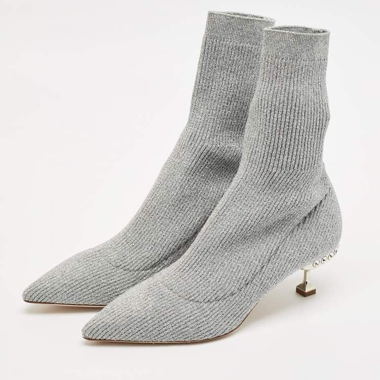 Pre Owned Miu Miu Silver Metallic Knit Fabric Crystal Embellished Sock Boots Size 41
