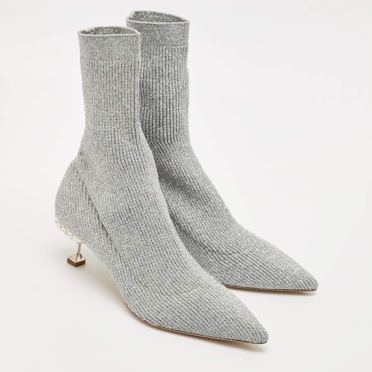Pre Owned Miu Miu Silver Metallic Knit Fabric Crystal Embellished Sock Boots Size 41