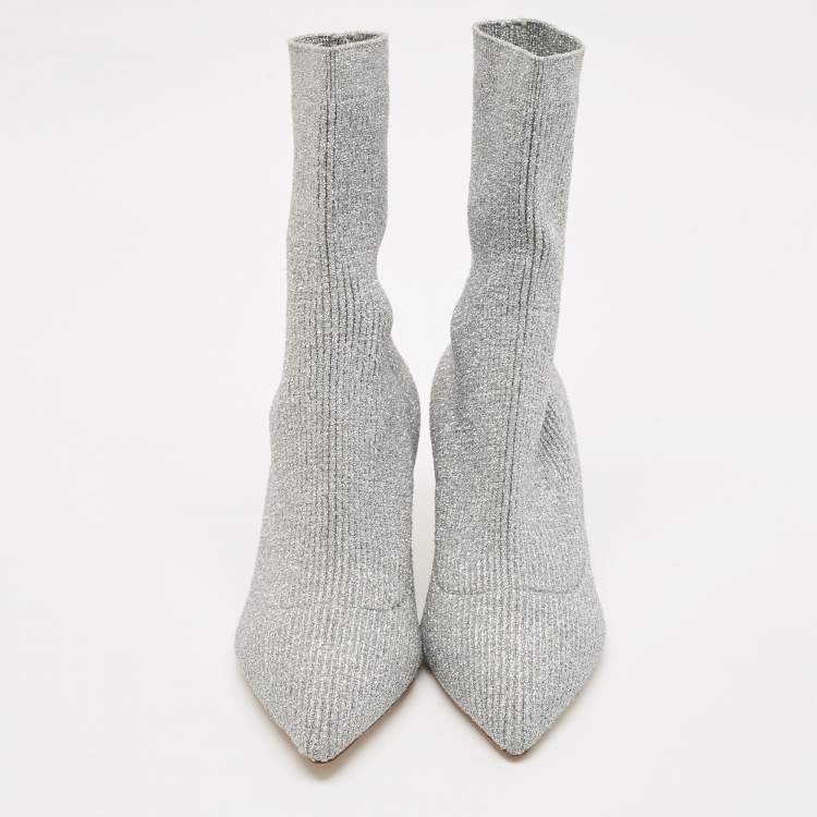 Pre Owned Miu Miu Silver Metallic Knit Fabric Crystal Embellished Sock Boots Size 41