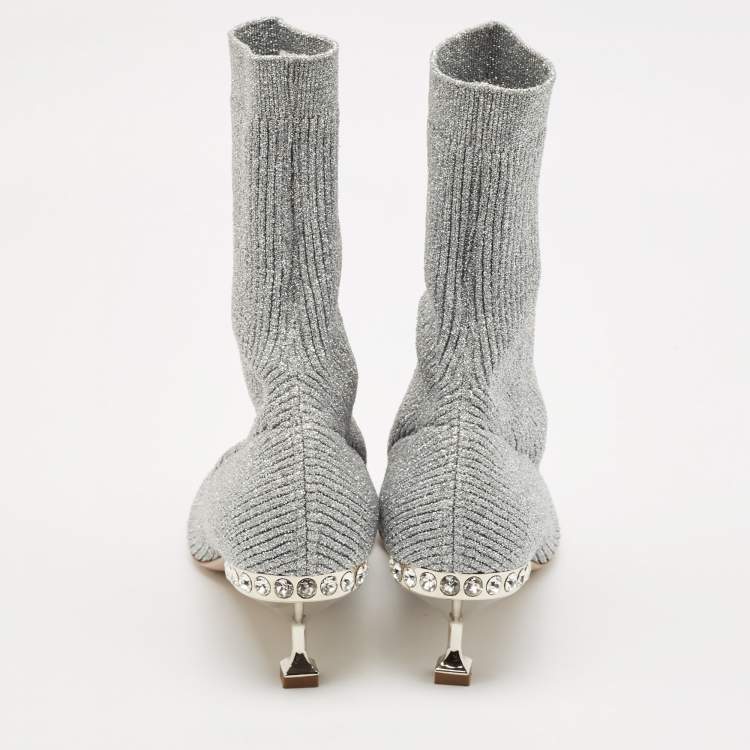 Pre Owned Miu Miu Silver Metallic Knit Fabric Crystal Embellished Sock Boots Size 41