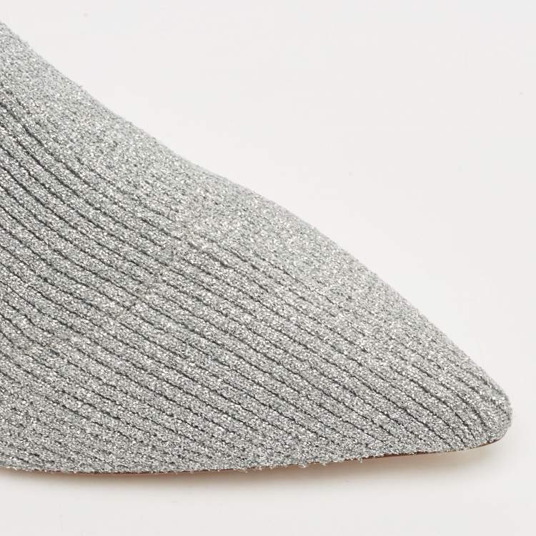 Pre Owned Miu Miu Silver Metallic Knit Fabric Crystal Embellished Sock Boots Size 41