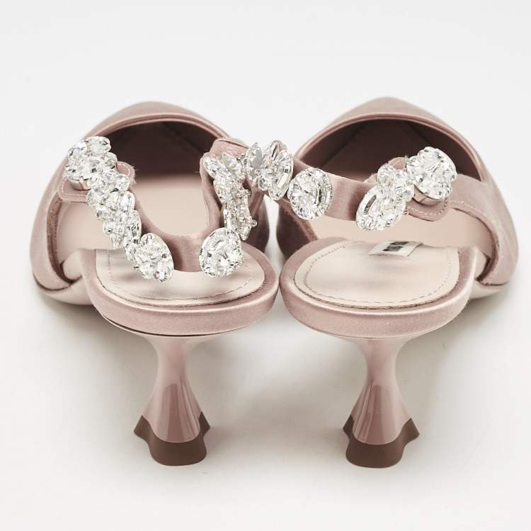 Pre Owned Miu Miu Beige Satin Crystal Embellished Bow Slingback Pumps Size 38.5