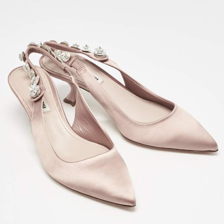 Pre Owned Miu Miu Beige Satin Crystal Embellished Bow Slingback Pumps Size 38.5