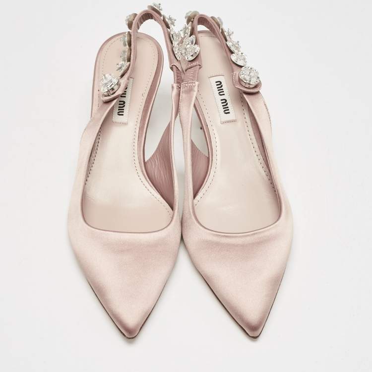 Pre Owned Miu Miu Beige Satin Crystal Embellished Bow Slingback Pumps Size 38.5