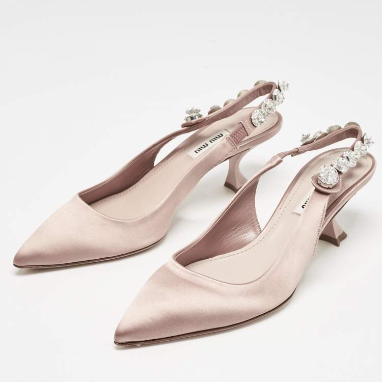 Pre Owned Miu Miu Beige Satin Crystal Embellished Bow Slingback Pumps Size 38.5