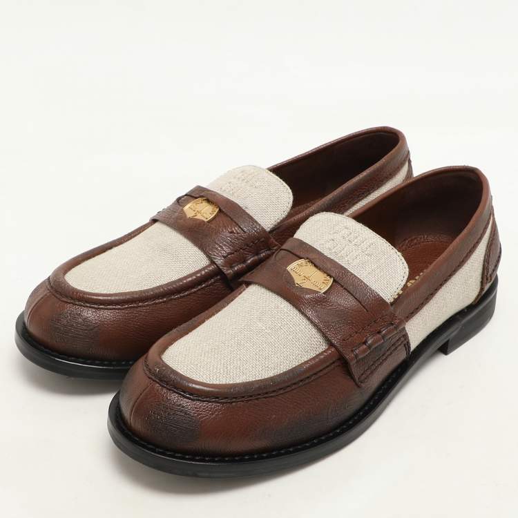 Pre Owned Miu Miu Beige/Brown Canvas and Leather Penny Loafers Size 37