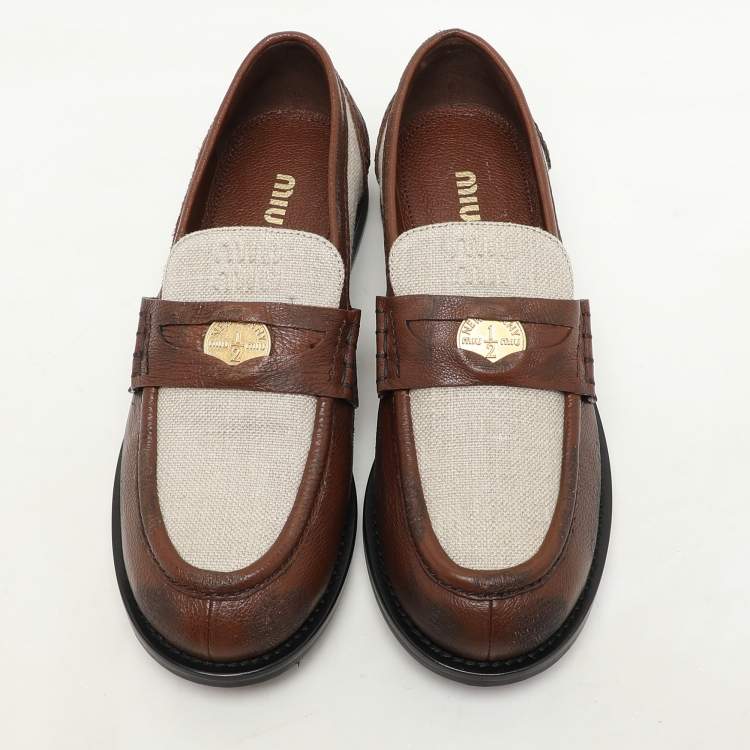 Pre Owned Miu Miu Beige/Brown Canvas and Leather Penny Loafers Size 37