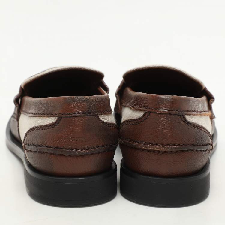 Pre Owned Miu Miu Beige/Brown Canvas and Leather Penny Loafers Size 37