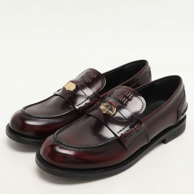 Pre Owned Miu Miu Burgundy Leather Penny Loafers Size 37
