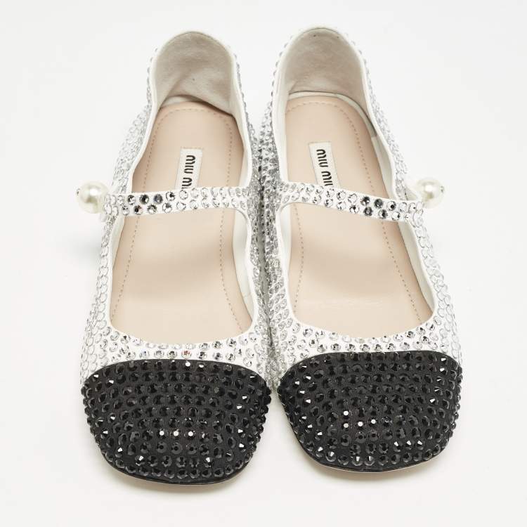 Pre Owned Miu Miu Black/White Canvas Crystals Embellished Mary Jane Ballet Flats Size 39