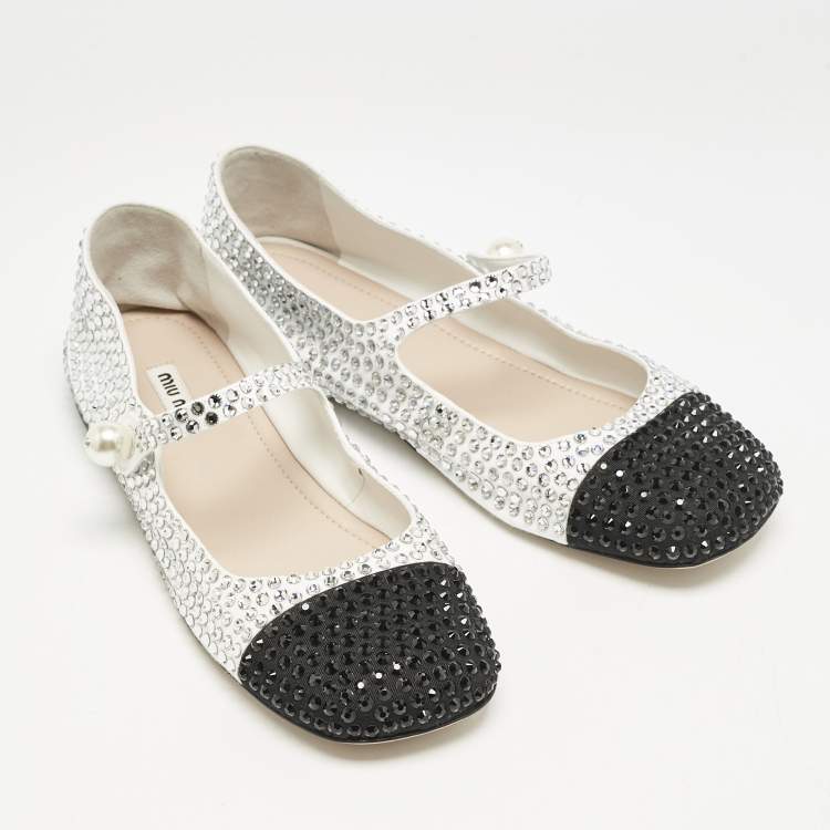 Pre Owned Miu Miu Black/White Canvas Crystals Embellished Mary Jane Ballet Flats Size 39