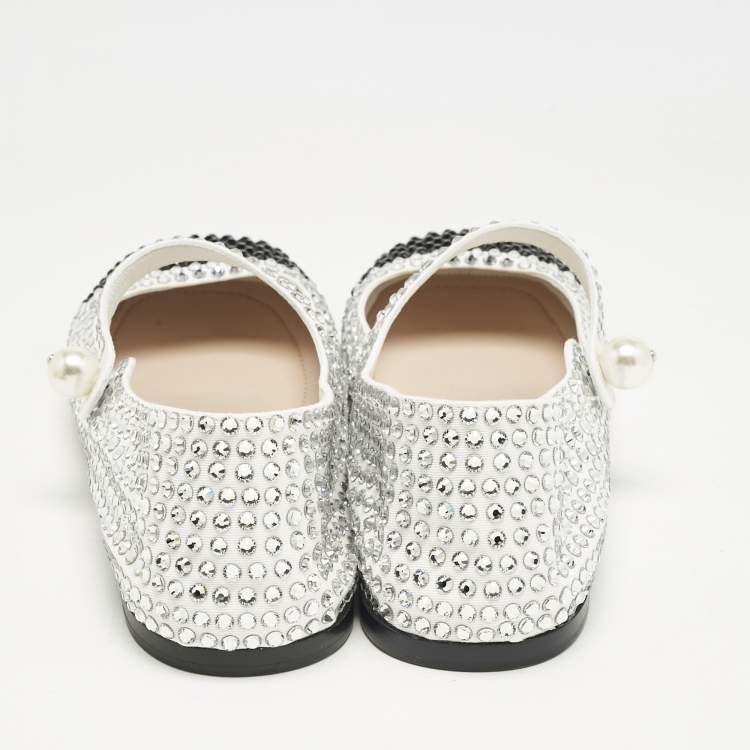 Pre Owned Miu Miu Black/White Canvas Crystals Embellished Mary Jane Ballet Flats Size 39