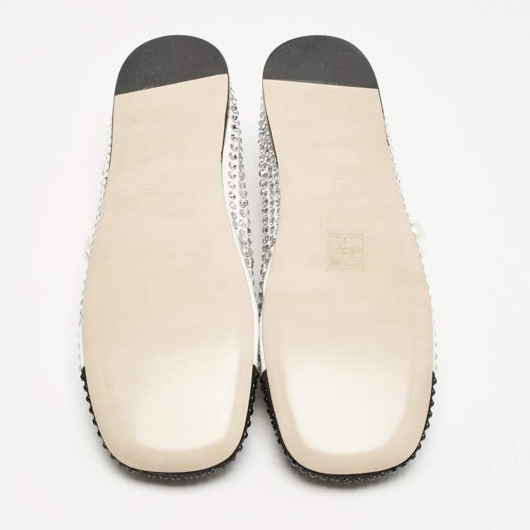 Pre Owned Miu Miu Black/White Canvas Crystals Embellished Mary Jane Ballet Flats Size 39
