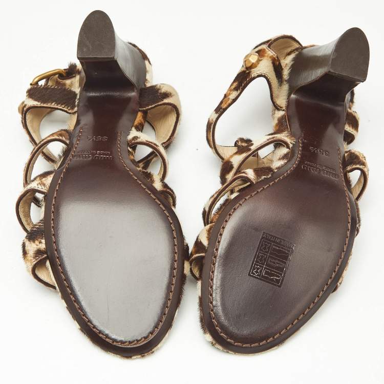 Pre Owned Miu Miu Brown/Beige Calf Hair Studded Strappy Sandals Size 35.5