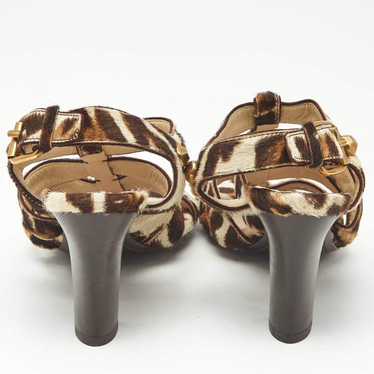 Pre Owned Miu Miu Brown/Beige Calf Hair Studded Strappy Sandals Size 35.5