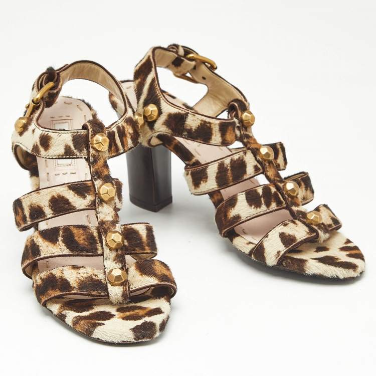 Pre Owned Miu Miu Brown/Beige Calf Hair Studded Strappy Sandals Size 35.5