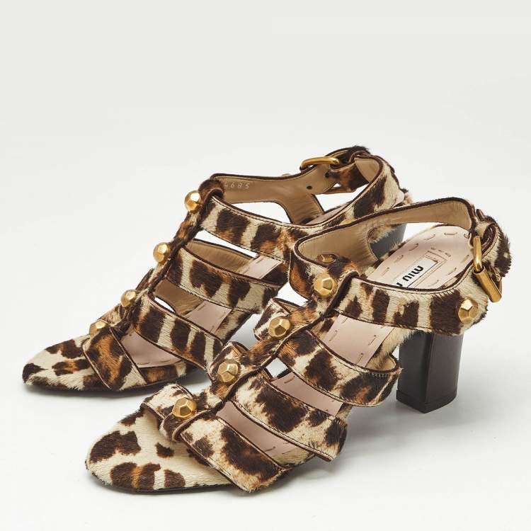 Pre Owned Miu Miu Brown/Beige Calf Hair Studded Strappy Sandals Size 35.5