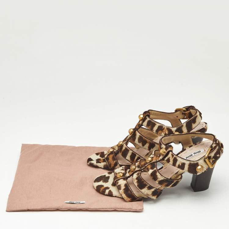 Pre Owned Miu Miu Brown/Beige Calf Hair Studded Strappy Sandals Size 35.5