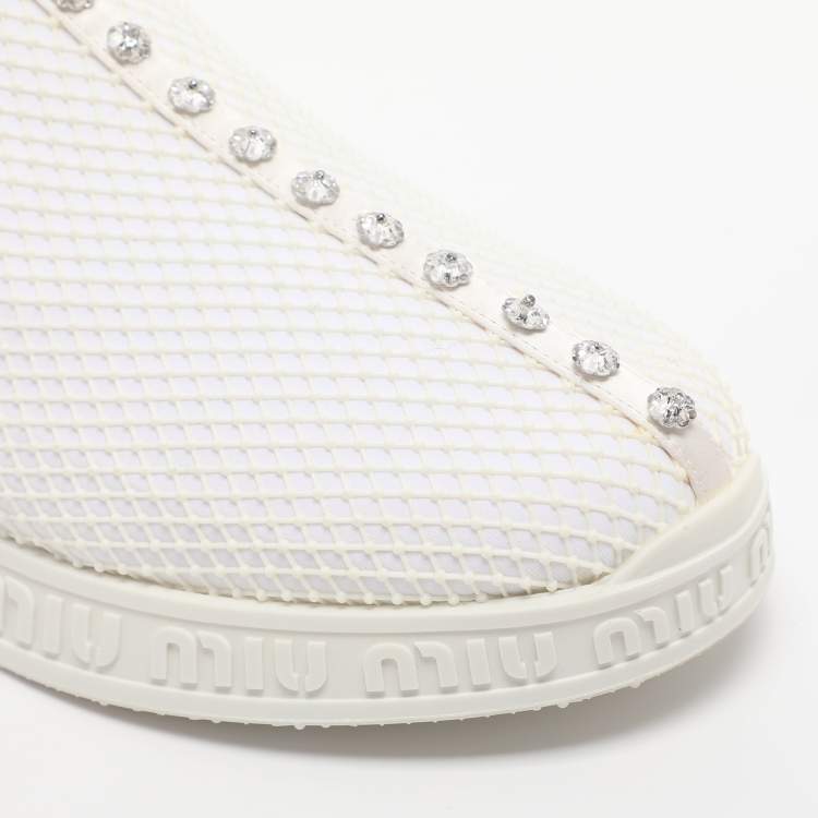 Pre Owned Miu Miu White Mesh and Neoprene Crystal Embellished Slip-On Sneakers Size 38