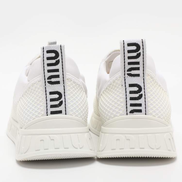 Pre Owned Miu Miu White Mesh and Neoprene Crystal Embellished Slip-On Sneakers Size 38