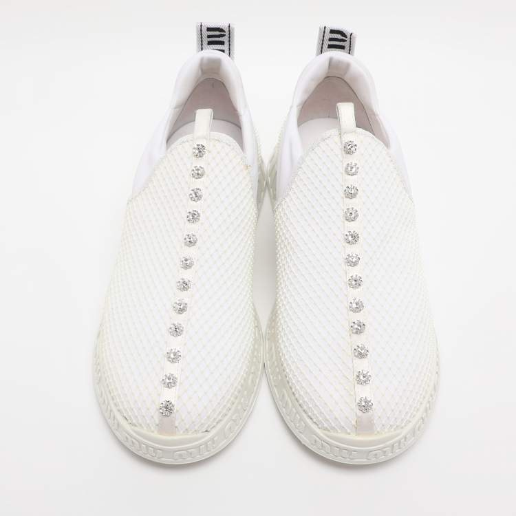 Pre Owned Miu Miu White Mesh and Neoprene Crystal Embellished Slip-On Sneakers Size 38