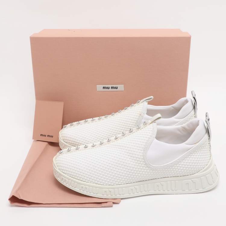 Pre Owned Miu Miu White Mesh and Neoprene Crystal Embellished Slip-On Sneakers Size 38