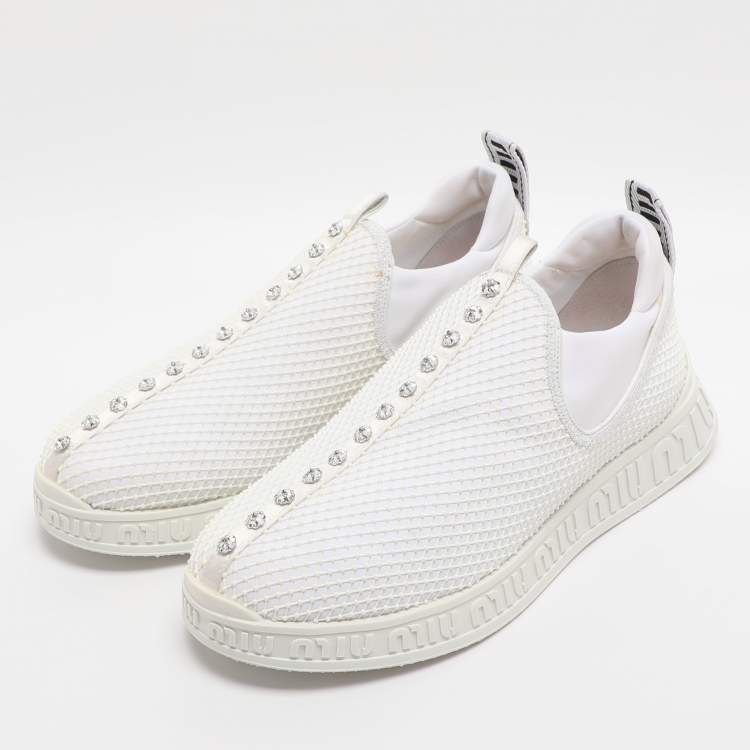 Pre Owned Miu Miu White Mesh and Neoprene Crystal Embellished Slip-On Sneakers Size 38