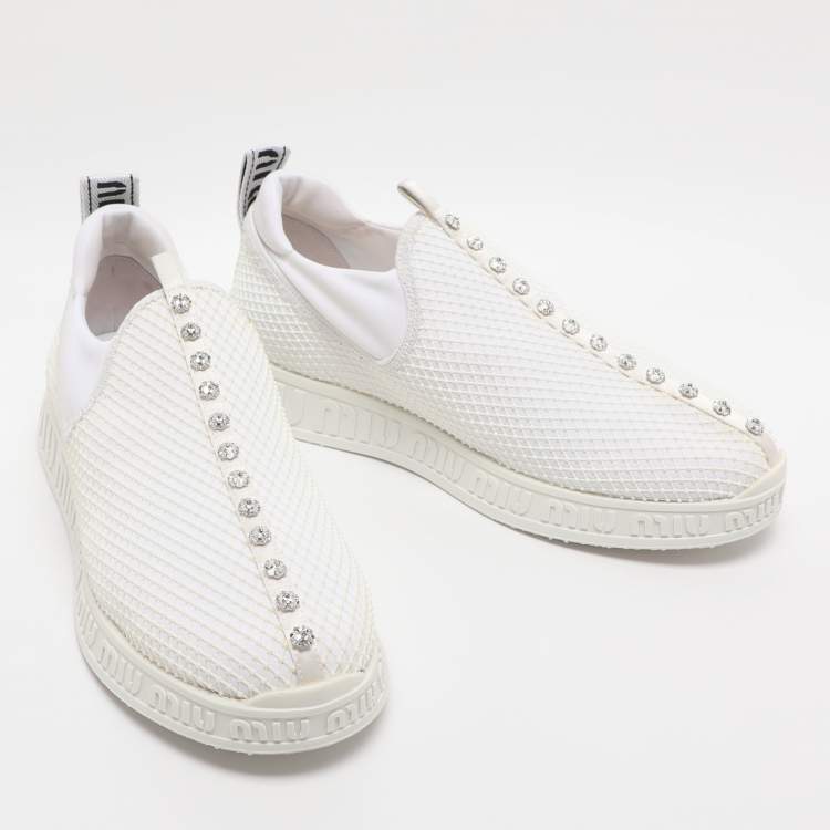Pre Owned Miu Miu White Mesh and Neoprene Crystal Embellished Slip-On Sneakers Size 38