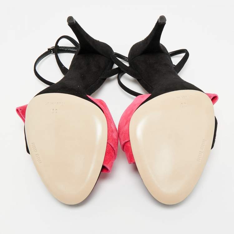 Pre Owned Miu Miu Red Suede Bow Tie Ankle Strap Sandals Size 39