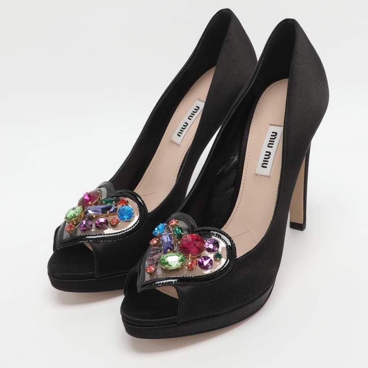 Pre Owned Miu Miu Size 39.5 Black Jeweled PVC and Satin Peep Toe Pumps
