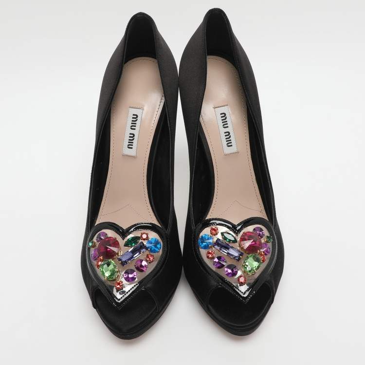Pre Owned Miu Miu Size 39.5 Black Jeweled PVC and Satin Peep Toe Pumps