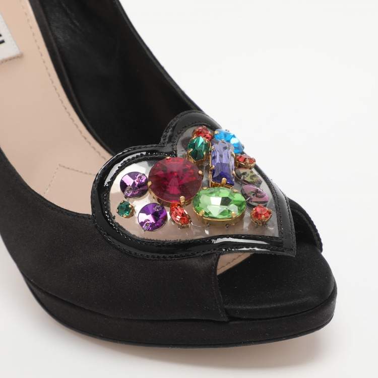Pre Owned Miu Miu Size 39.5 Black Jeweled PVC and Satin Peep Toe Pumps